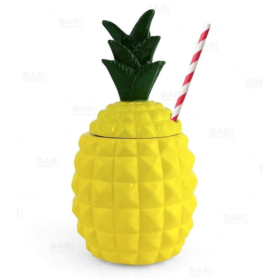 BarConic® Tiki Drinkware, Ceramic Pineapple with Lid Themed Cup, 20 Ounces