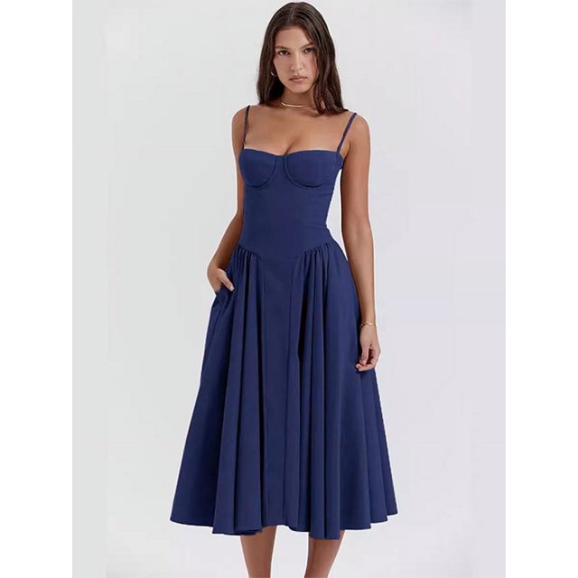 Robe Plissée Ourlet Solide Aguichant Mode Femme Midi Sans Manches Dos Nu Robes Été 2024 Soirée Robe Ligne A FJH