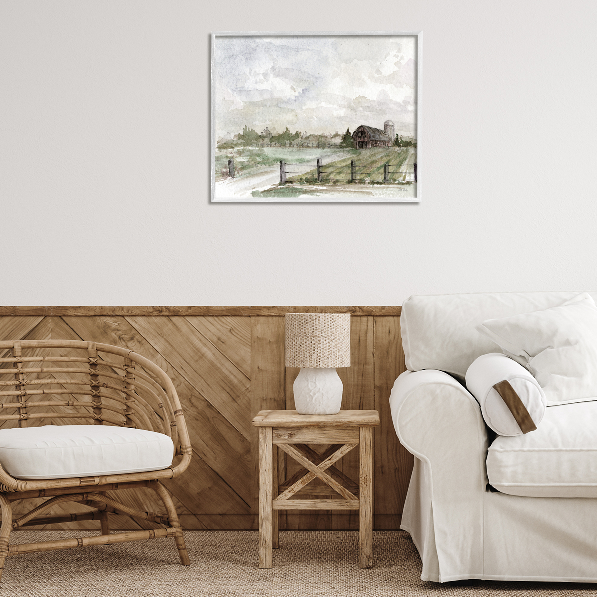 Stupell Industries Rustic Barn & Fence Landscape Painting White Framed Art Print Wall Art, 30 x 24