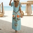 thumbnail image 4 of Women Dresses Ndbuld Women's Loose Short Sleeved Round Neck Fashion Bohemian Flared Split Floor-Length Maxi Dress Light Blue XL, 4 of 7