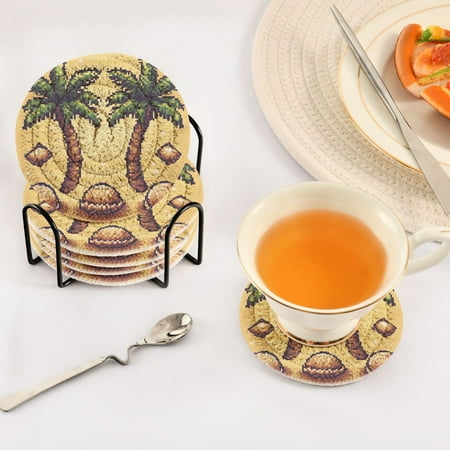 

Coconut Tree Pattern Set of 6 Durable Woven Polyester Coasters with Black Storage Rack 4in