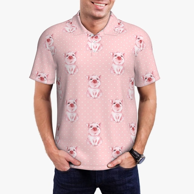 Balery Pig Polka Dot Camisa Polo de Hombre con Estampado, de Manga Corta y Tejido Medio, Camisa Tipo Golf Polo-Large