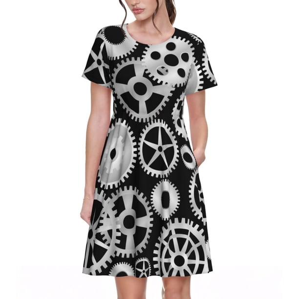 Disketp Metallic Gears para Vestido de Manga Corta para Mujeres, Vestidos de Verano para Mujeres, Casual y Holgado para la Playa