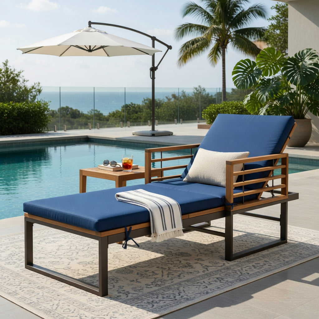 Hommoo Adjustable Outdoor Chaise Lounge Chair with Removable Cushion, Sturdy Acacia Wood & Metal Frame, 4-Position Reclining Backrest for Poolside, Patio, Backyard, Navy