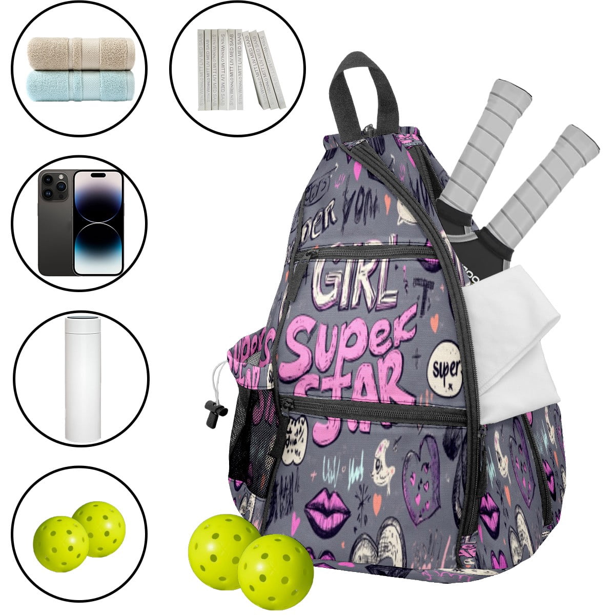 Pickleball Bags for Men Women Pickleball Backpack with Large Capacity Lightweight Adjustable Pickleball Sling Bag Hold Paddles, Balls, Accessories Girl Superstar Pattern