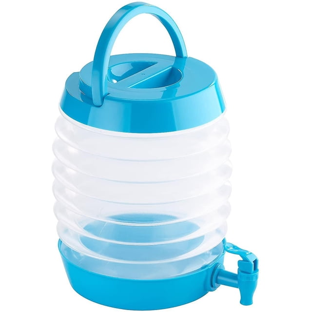Dispensador de agua: Bidón plegable, pico, soporte, 5,5 litros, azul/transparente (botellas de agua plegables)