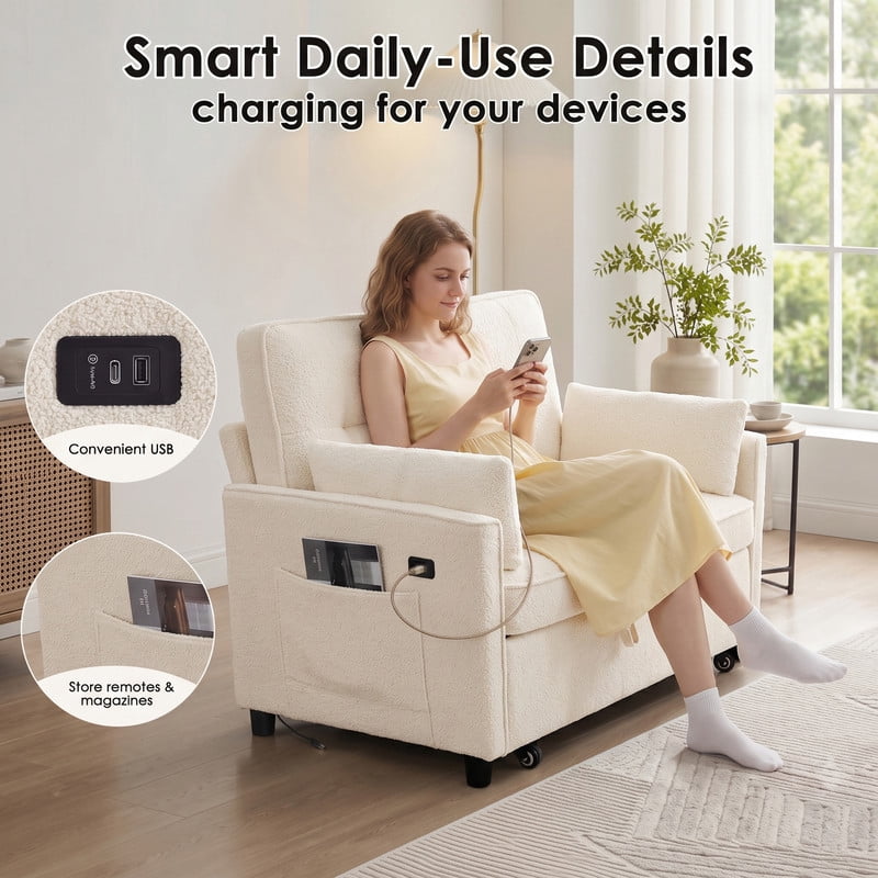Anpport 54" 3‑in‑1 Convertible Sofa Bed, Towel Fabric, 3‑Position Adjustable Backrest with USB Charging Ports, for Living Room, Apartment, Beige