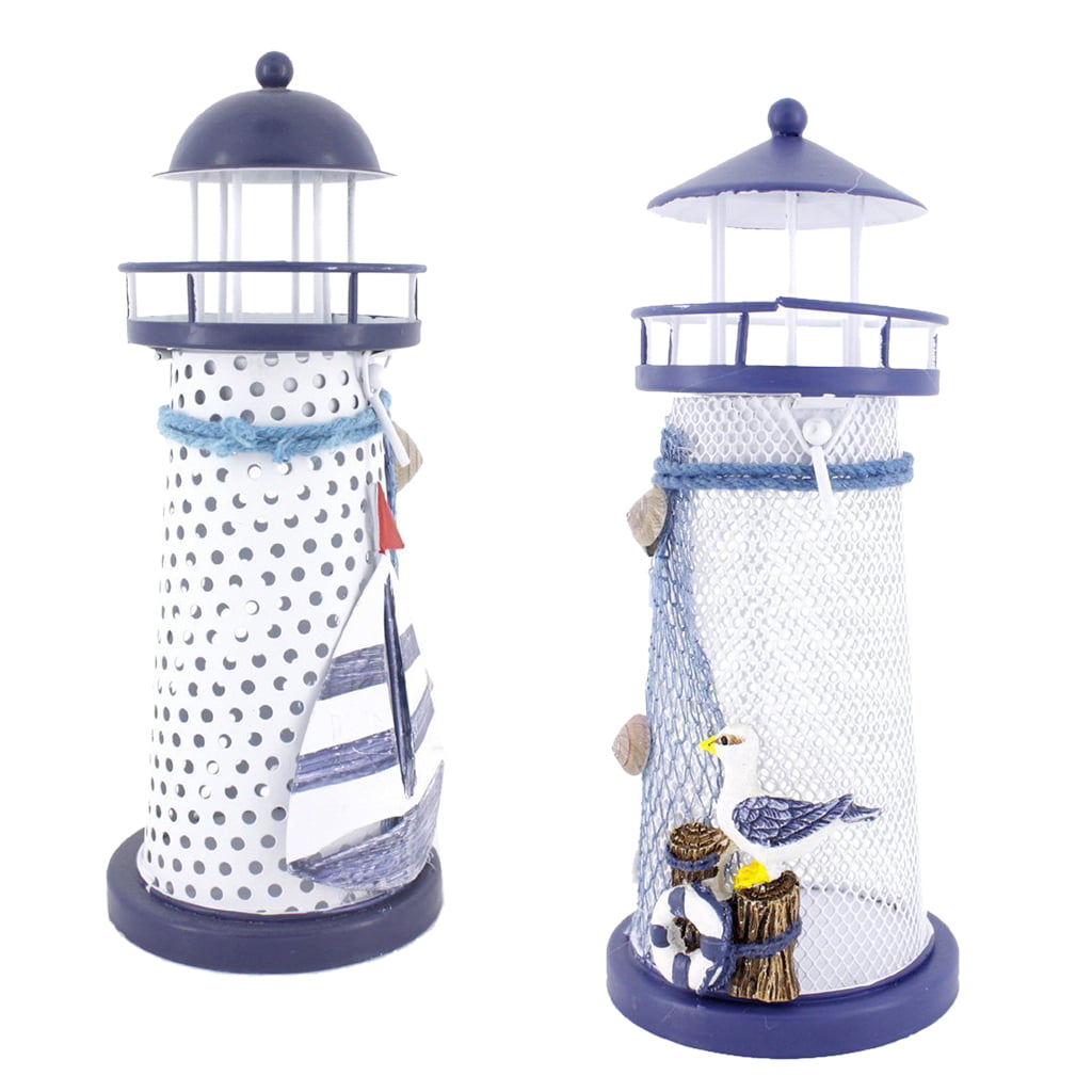 Nautical Lighthouse Tealight Lantern Candle Holders Seabirds Art Decor 14cm 