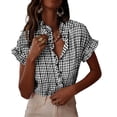 thumbnail image 2 of MaFYtyTPR Summer Women's Checked V-Neck Blouse Trendy Ruffle Trim Button Front Short Sleeve Casual Tops Loose Puff Sleeve Shirts for Women Z-Black S, 2 of 6