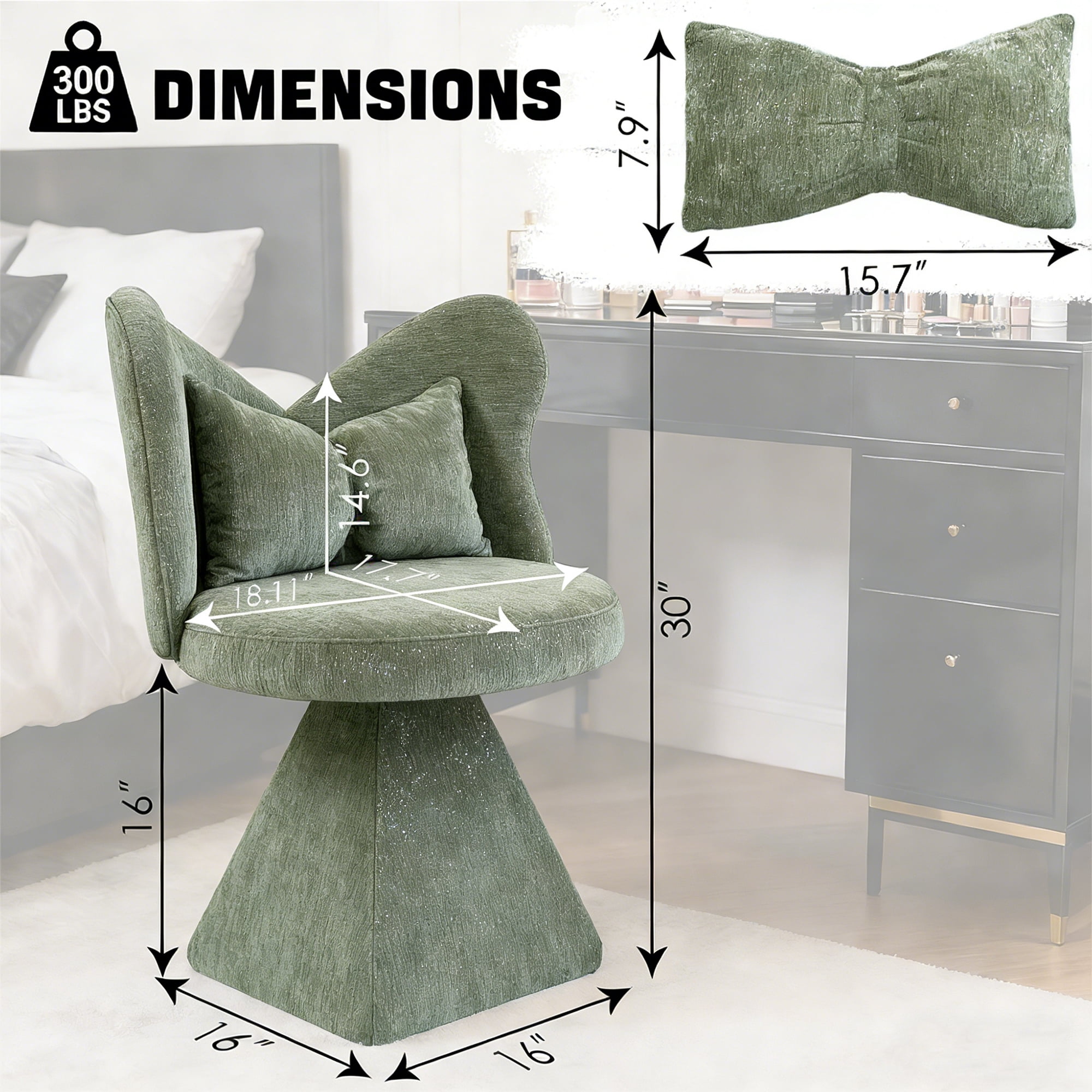 TrumanPick Green Swivel Vanity Chair with Butterfly Back, Makeup Chair for Bedroom