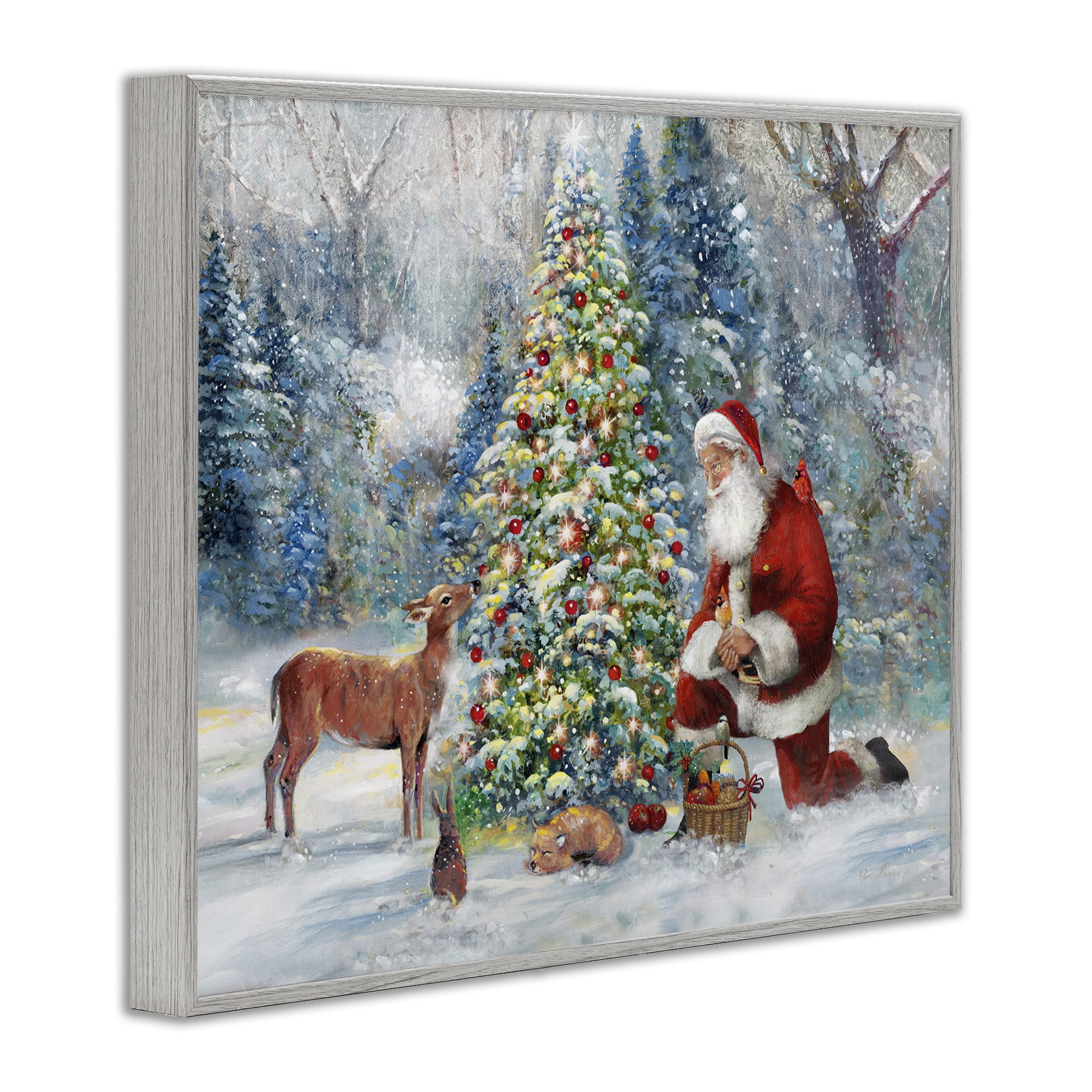 Stupell Industries Santa & Baby Deer Holiday Painting Gray Framed Art Prints Wall Art, 20 x 16
