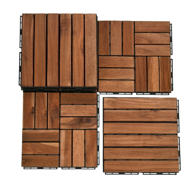 Pack of 10 Tiles 12" x 12" Square Acacia Wood Interlocking Flooring