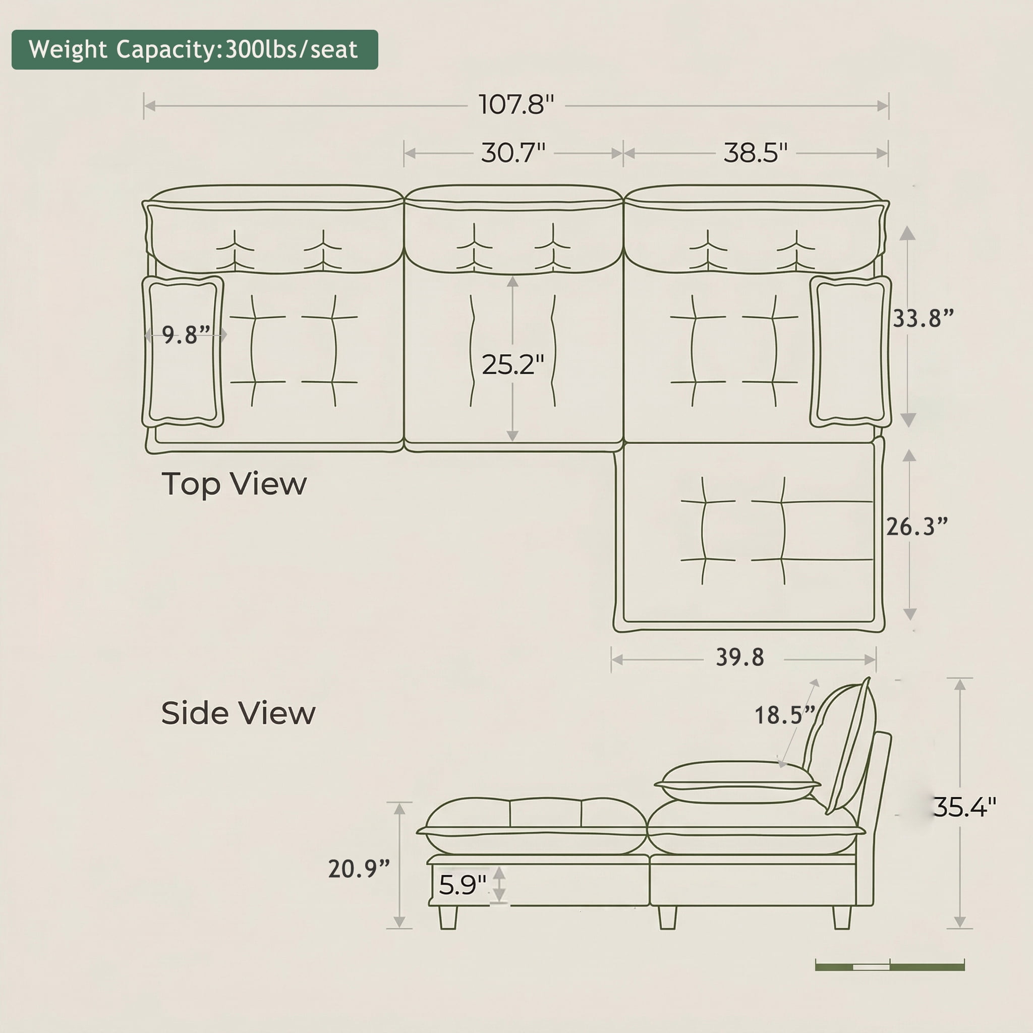 AISWORD 107" L-Shaped Modular Sectional Cloud Sofa with Ottoman, Chenille Fabric Deep Seat Couch with Lattice Decored Cushions