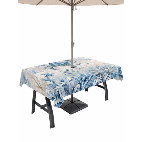 Outdoor Tablecloth with Umbrella Hole for Patio/Picnic/Party/Camping, Blue Coastal Crabs Waterproof Table Cloth Rectangle Table Cover Washable, Summer Vintage Ocean Sea Coral Shells (54"x 80")