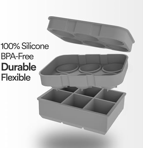 Silicone Ice Cube Trays – Large Silicone Molds for 2-Inch Ice Cubes and Spheres Whiskey Ice Cube Trays with Lids for Cocktails & Bourbon – Set of 2
