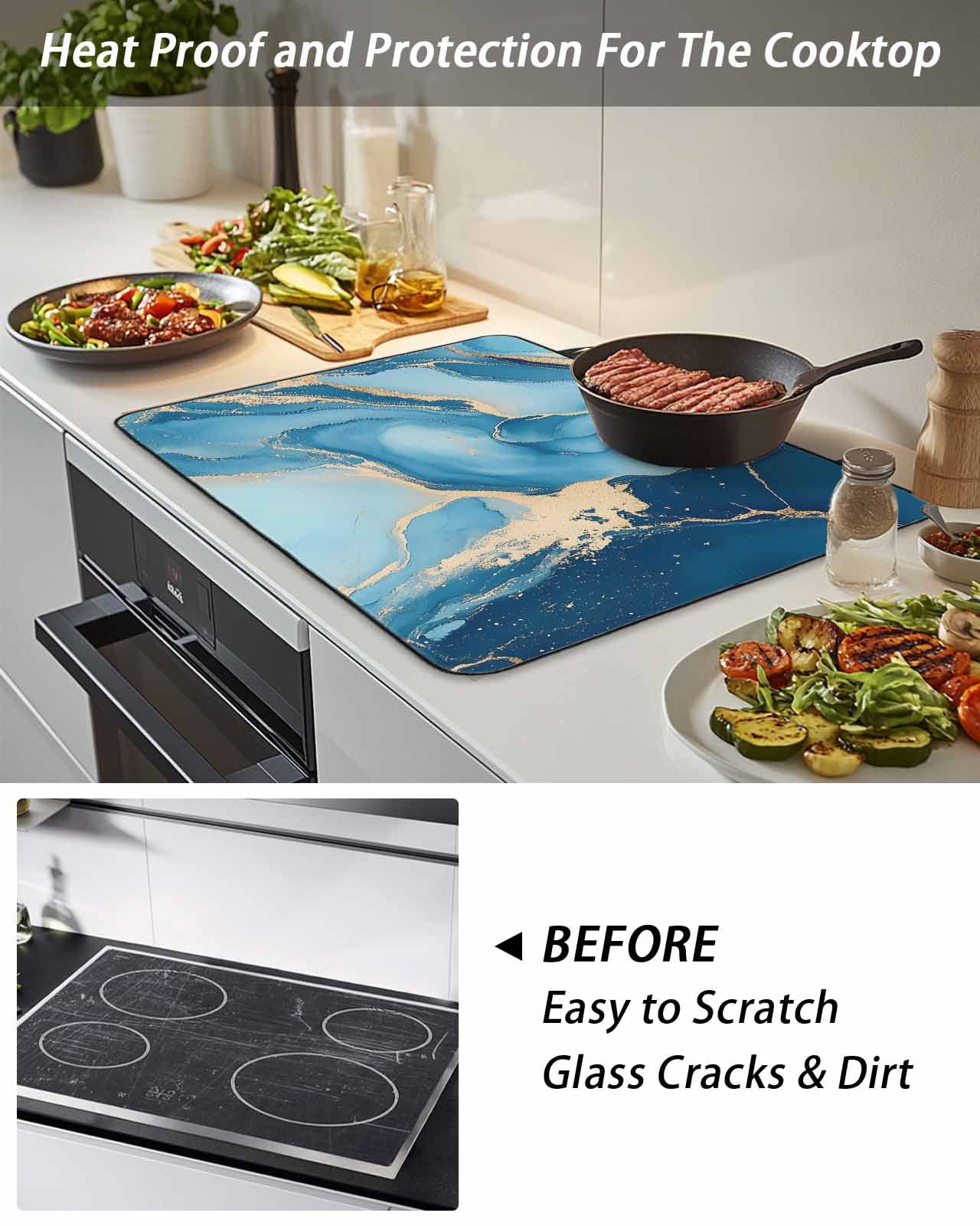 Stove Top Covers for Electric Stove 36x21 Inches, Blue Marble Heat Insulation Fireproof Glass Cooktop Protector, Luxury Modern Ink Painting Abstract Multipurpose Countertop Stovetop Cover for Kitchen