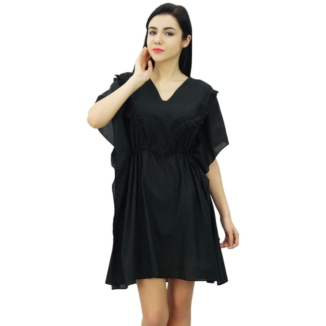 Bimba Caftan Court pour Femme en Coton d'Été à Taille Coulissante, Sortie de Plage, Caftan