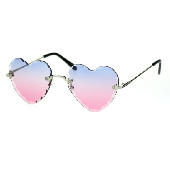 Womens Diamond Cut Bevel Edge Rimless Heart Sunglasses Silver Blue Pink