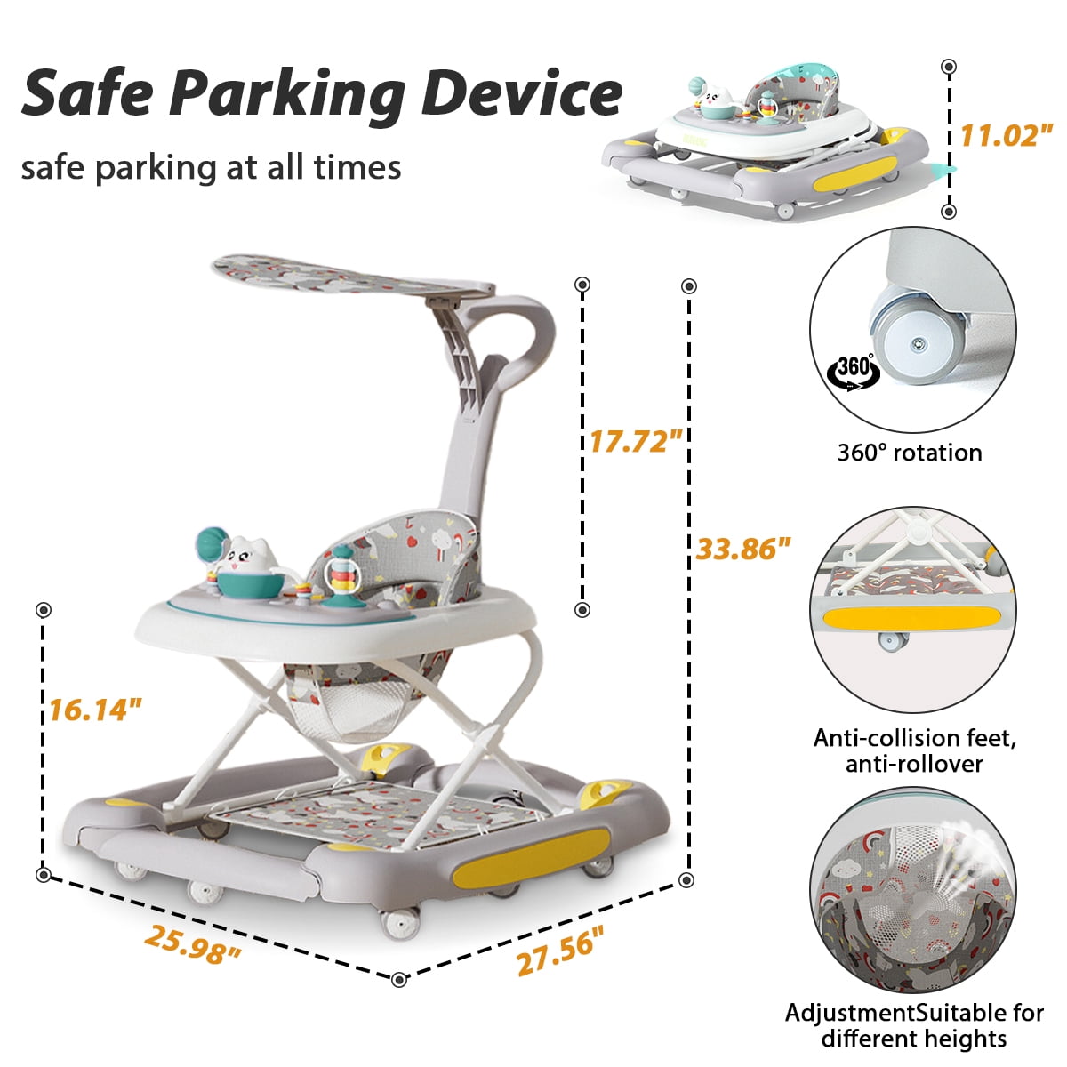 SIMANLI Baby Walkers with Removable Toy Tray & Musical Activity Station, Foldable Baby Walkers for Boys Girls Babies 6-36 Months, Gray