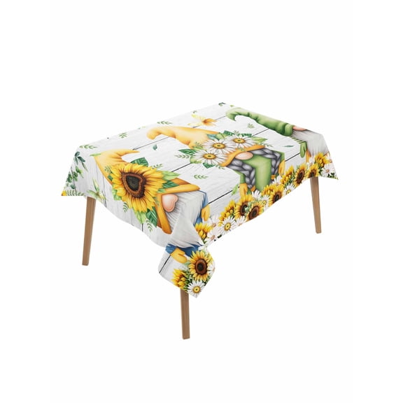 Spring Gnomes Rectangle Tablecloth, Botanical Yellow Flowers Leaves Wooden Plank Waterproof & StainResistant Tablecloth, Washable Oil-proof Table Cover for Dining/Party/Wedding/Buffet 60x102 In