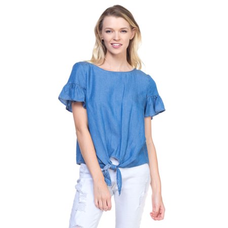 - OFASHIONUSA Women's Front Tie Short Ruffle Sleeve Denim Chambray Blouse Shirt Top