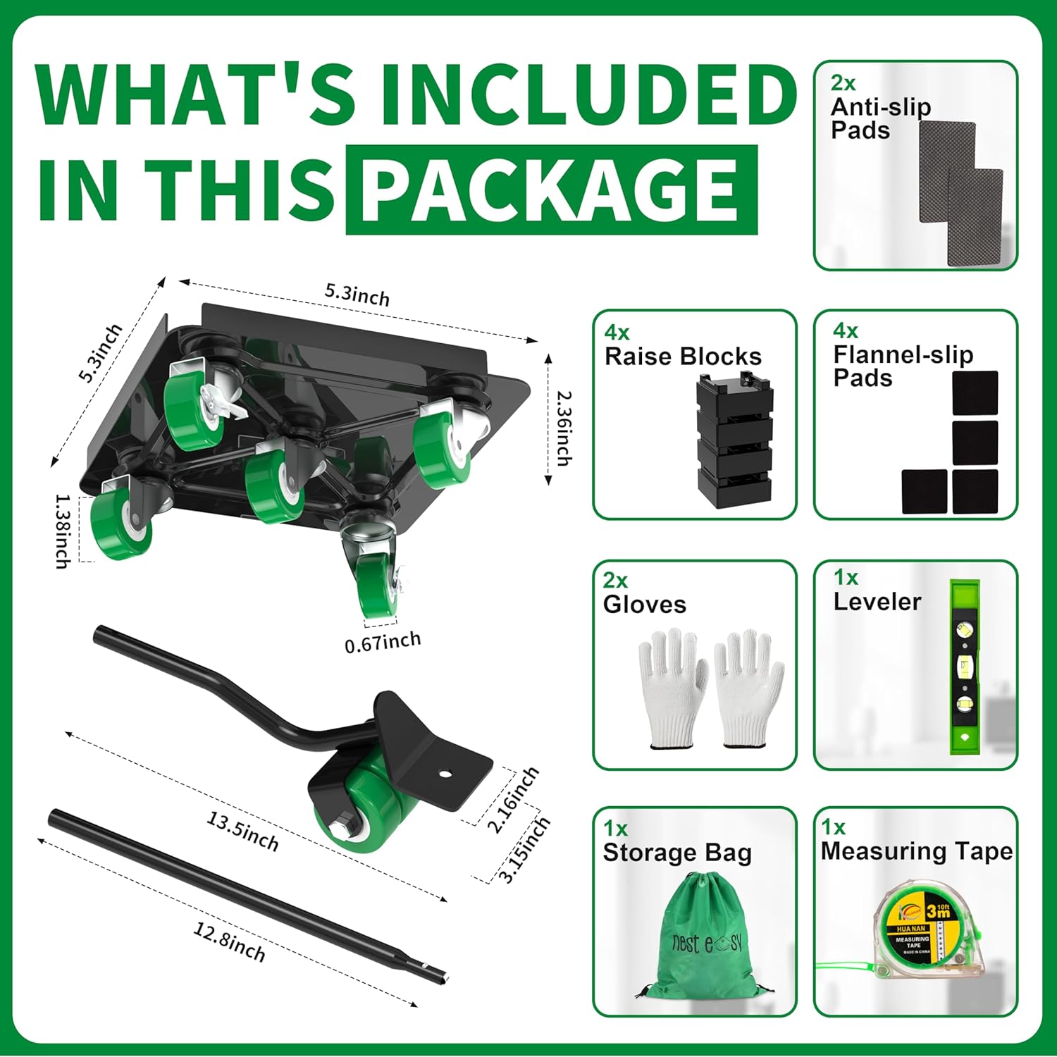 360 °   Rotating 5 Wheels Heavy Duty Furniture Dolly – Alloy Steel Furniture Movers with Measure Tape and Leveler, Up to 3000 lbs/1360 Kg Load Capacity