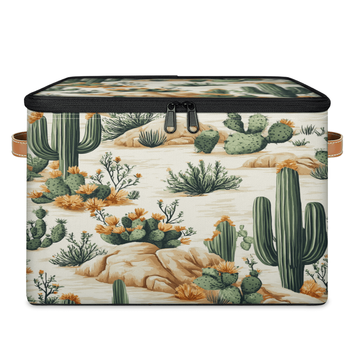 ADECORIVY Cactus Storage Bin with Lid Fabric Tropical Desert Cactus Plant Foldable Storage Baskets Boxes for Clothes Shelves Closet Organizer Containers with Leather Handles for Wardrobe