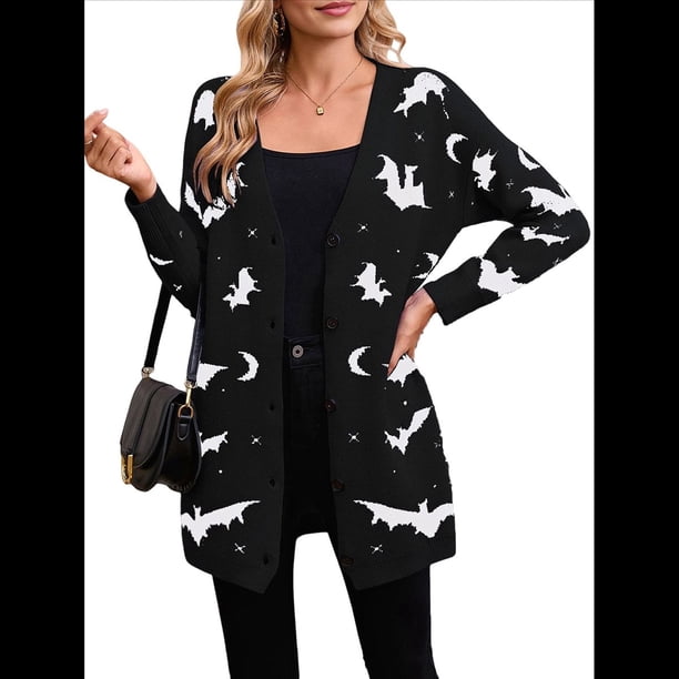 Cárdigan de Punto Holgado Informal de Larga con Botones para Mujer, con Diseño de Murciélago de Halloween. Negro XL
