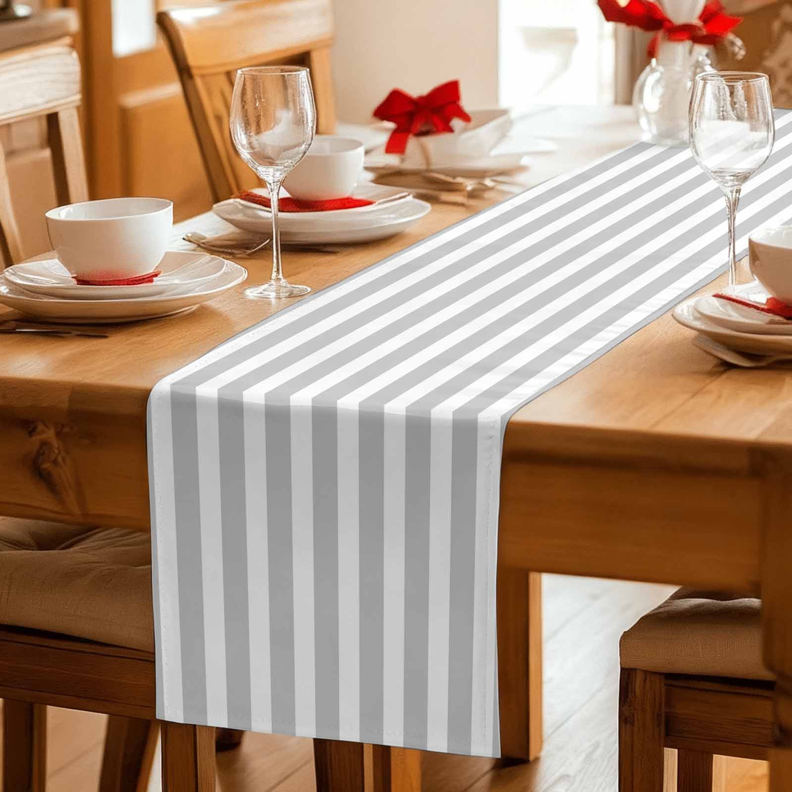 Grey Striped Table Runner, Modern Farmhouse Gray White Stripes Washable Cotton Linen Table Runners 72 Inches Long, Dresser Scarf Runner for Dining/Coffee/Kitchen/TV Stands/Cabinets 13''x72''