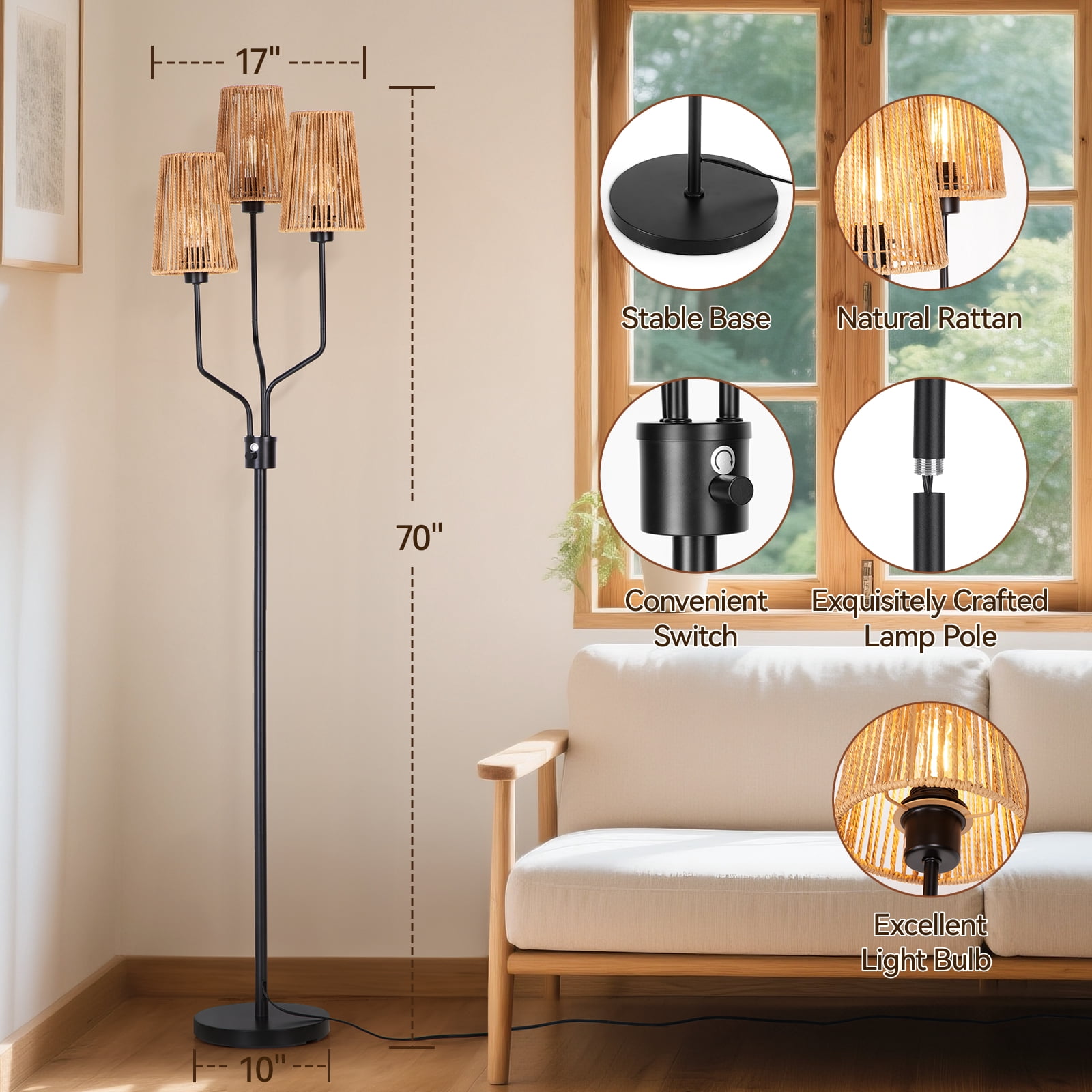 SUNMORY Rattan Floor Lamp, Floor Lamps for Living Room with 3 Tier Dimmable Lighting, Bedroom Floor Lamp for Farmhouse, Rustic Floor Light, Boho Style, Ideal for Living Room, Bedroom, Sofa