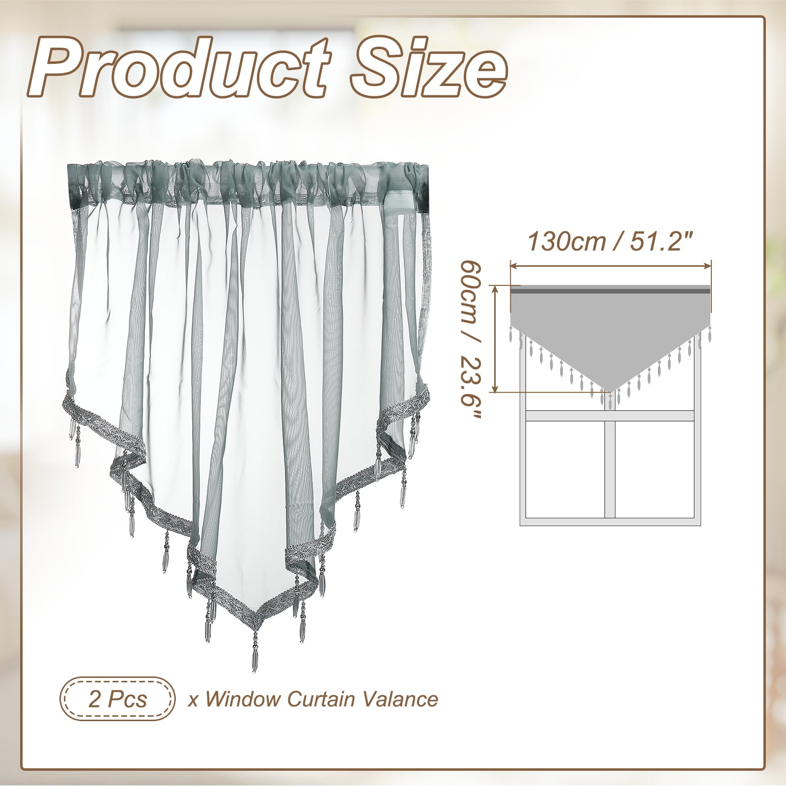 Uxcell 2Pcs Window Valance, 51x24 Inch Beaded Triangle Sheer Valance Curtains Small Short Light Filtering Sheer for Windows Bedroom Bathroom Living Room Kitchen, Gray