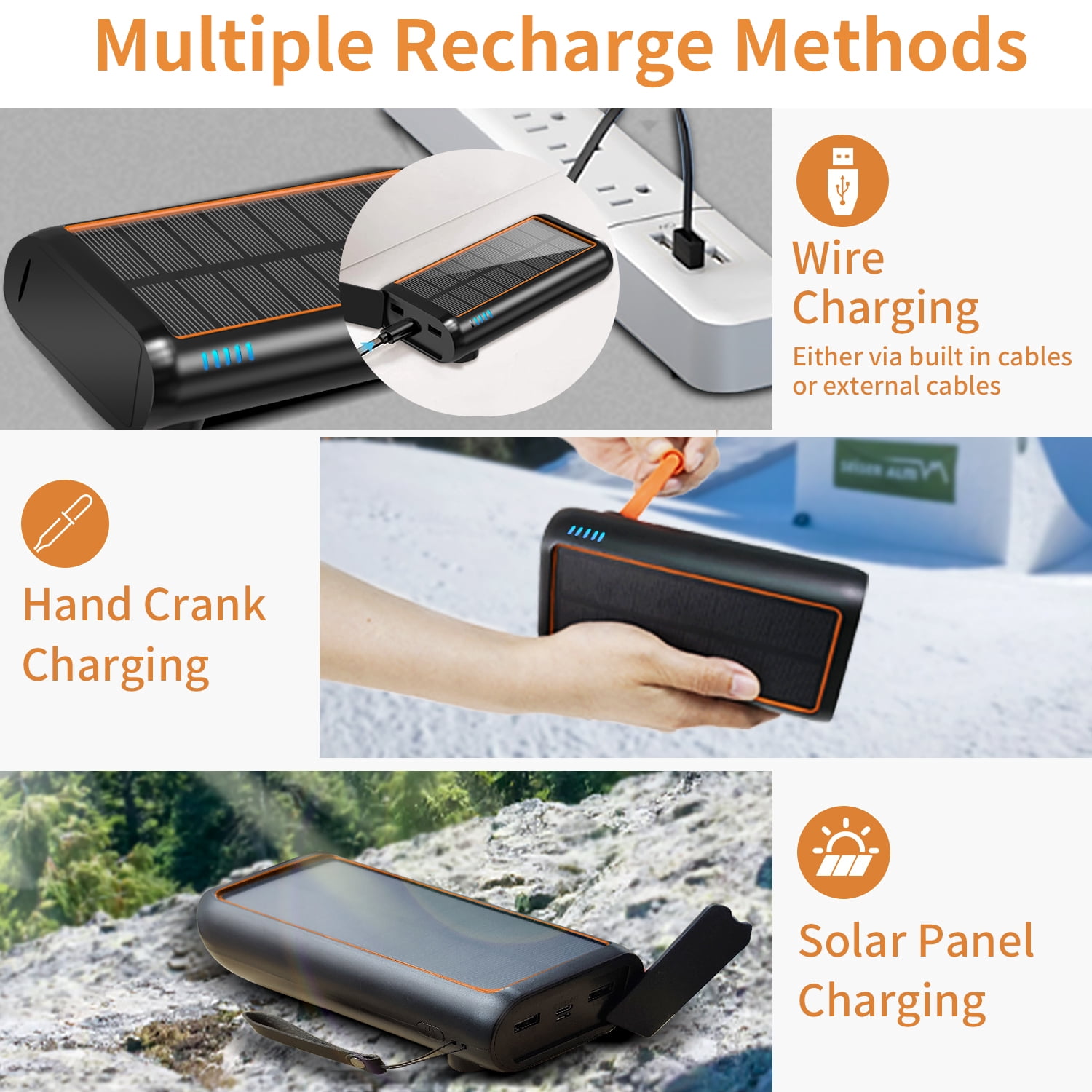 61200mAh Solar Power Bank with Hand Crank, Built-in 4 Cables, 15W Fast Charging, Type-C In/Out, LED Flashlight with SOS/Strobe, Portable Charger for iPhone and Android