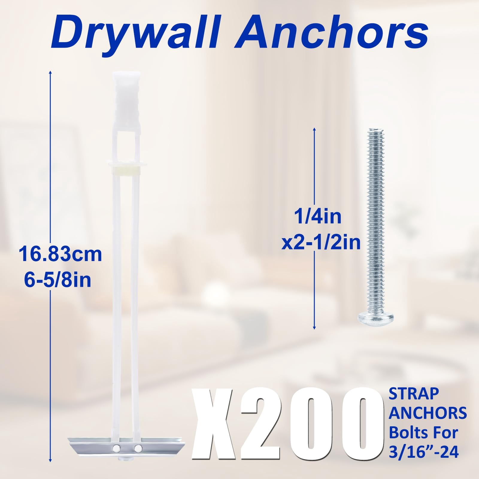 Heavy Duty Drywall Anchor Bolts with 1/4"-20 Fastener Suitable for TV Mounting Hollow Wall Anchor Bolt Screw Kit Supports Up to 270 lbs Each on 1/2 Inch Drywall Pack of 10