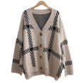 thumbnail image 5 of Suéter a cuadros coreano nuevo de otoño e invierno, chaqueta de mujer, temperamento casual, color de contraste, cuello en V, cárdigan de punto holgado de estilo perezoso, 5 of 5