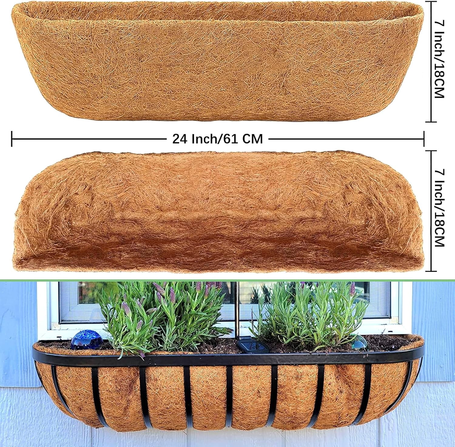 Coco Liners for Planters - 2 Pack 24 Inch Trough Coconut Liners for Planters, Window Box Coco Liners, 100% Natural Coconut Fiber Liners for Wall Hanging Basket, Window Box, Fence Baskets