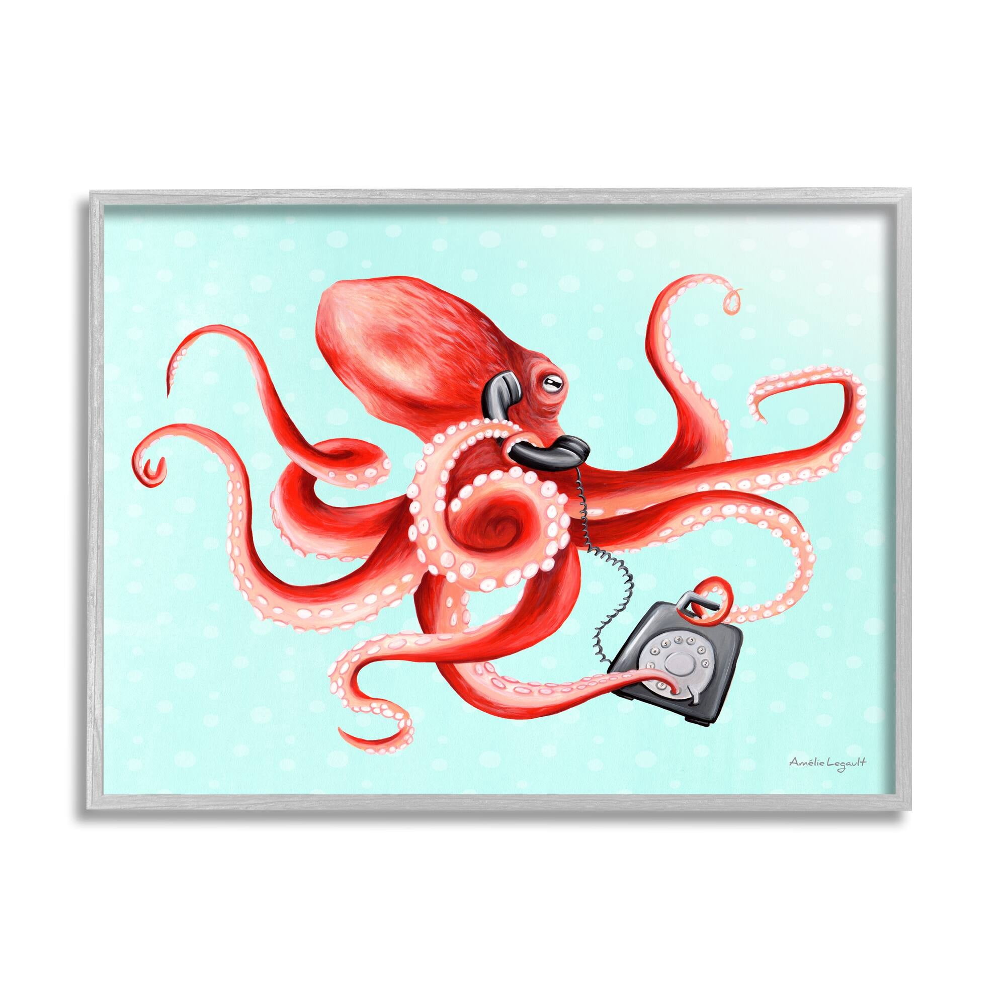 Stupell Industries Red Ombre Octopus Tentacles Retro Rotary Phone Graphic Art Gray Framed Art Print Wall Art, Design by Amelie Legault