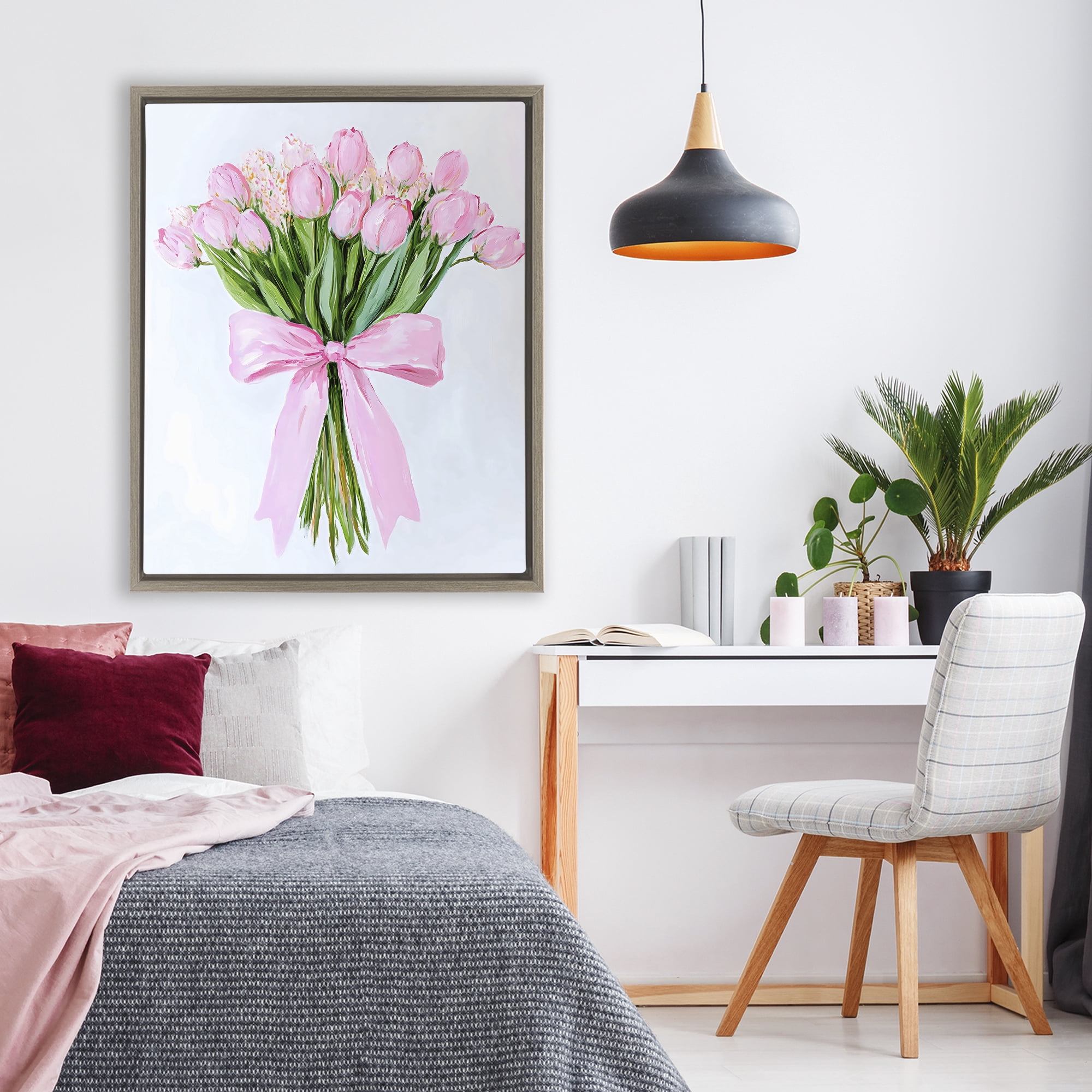 Stupell Industries Soft Pink Tulips with Ribbon Brown Framed Floater Canvas Wall Art, design by The Prints Vibe