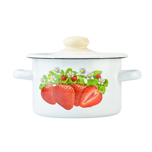 Novomoskovsjka Posuda Strawberry Cylindrical Enamel Pot with Lid 2.1 Qt (2 L) Enameled Steel Stockpot Cooking Pot Induction Pot Enamelware Kitchen Pot Enamel Stock Pot Soup Pot