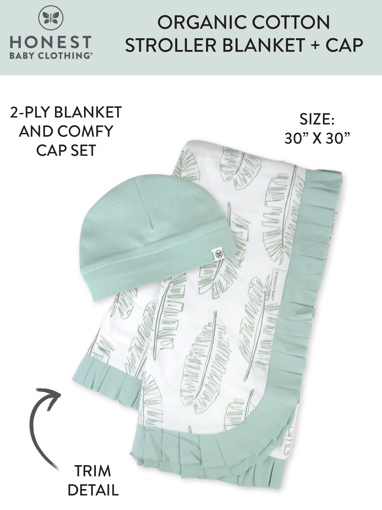 Honest Baby Clothing Organic Cotton Boy/Girl 2-Piece Stroller Blanket and Beanie Hat Gift Set, Sage