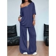 thumbnail image 4 of Women'S 2 Piece Travel Outfits Casual Short Sleeve Knit Sweater Set Wide Leg Pants Lounge Sets Dark Blue S, 4 of 8