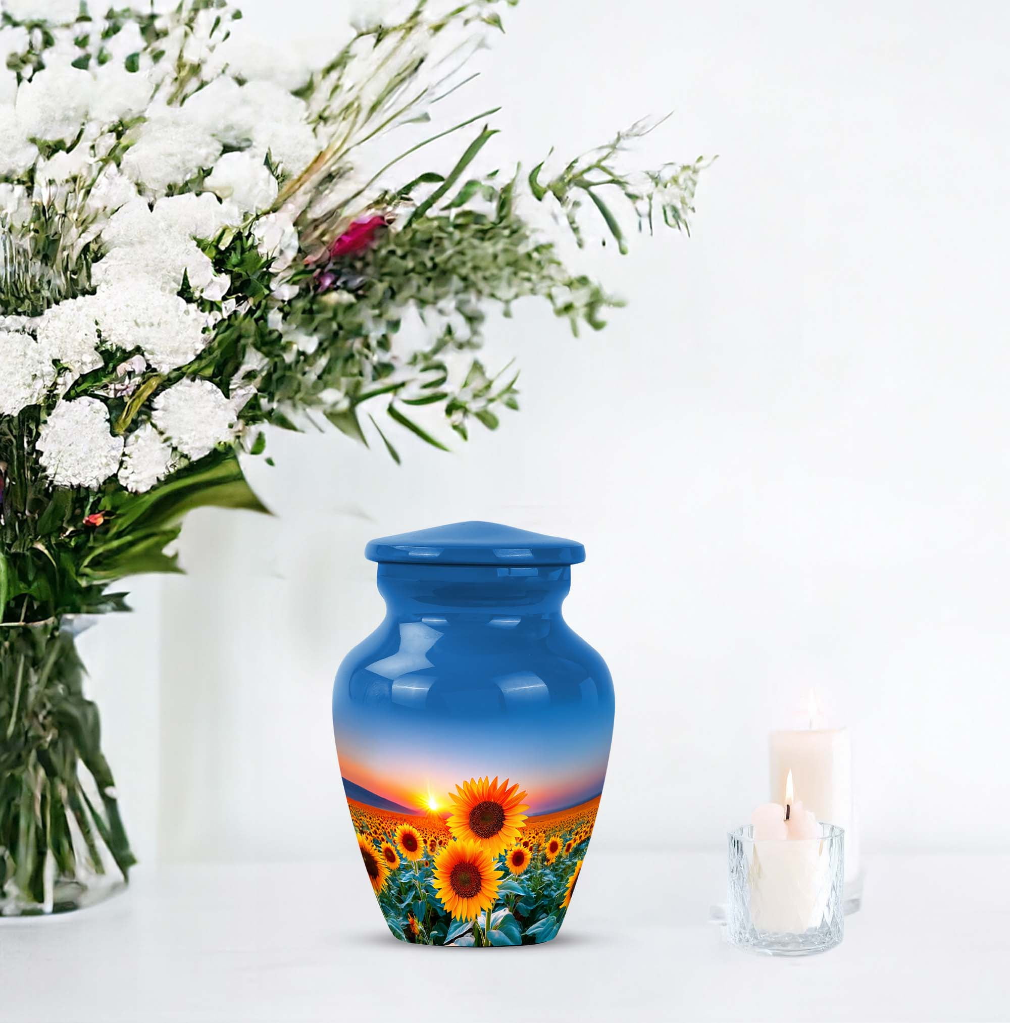 Sunflower Keepsake Urn For Ash Adult Male, 3-inch Sunset Mini Funeral Urn For Ashes For Women, Small Blue Cremation Urns For Human Ashes Adult Man