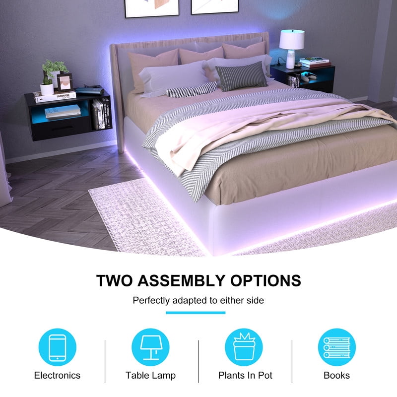 LED Nightstand with Remote Control 26.8” Modern Floating Nightstand with USB Port and Outlet for Bedroom, Black