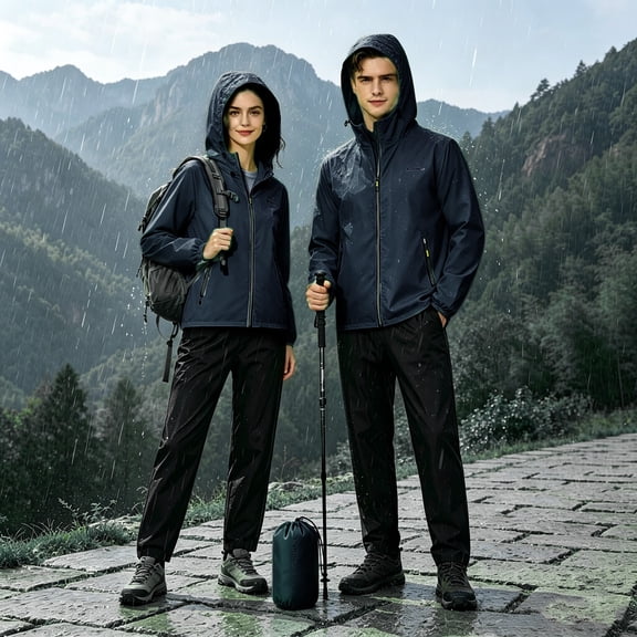 HBYJLZYG Unisex Waterproof Hooded Rain Suit Set with Jacket and Pants, Lightweight Outdoor Hiking Camping Travel Rainwear Gear for Men and Women