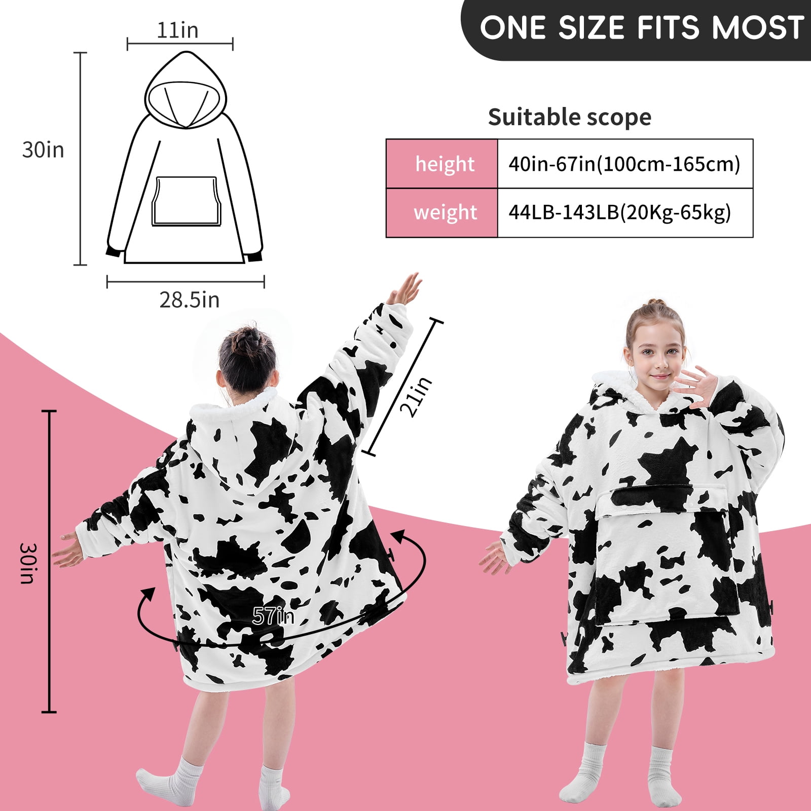PMONPA Wearable Blanket Hoodie for Kids, Soft Double Layer Sherpa Fleece Sweatshirt,Teen Gifts for Kids, Youth, Boys, Girls, One Size, Cow