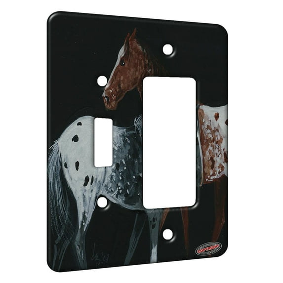 KuzmarK™ 2 Gang Single Toggle / Single Duplex Rocker Wall Plate - Sorrel and Black Blanket Appaloosas on Black Horse Art by Denise Every