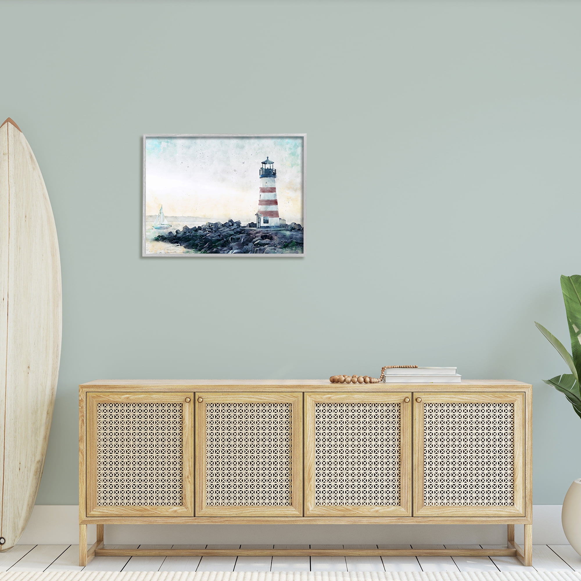 Stupell Industries Red Stripe Lighthouse Rocky Beach Coast Sailboat Waters, 30 x 24,Design by Ziwei Li