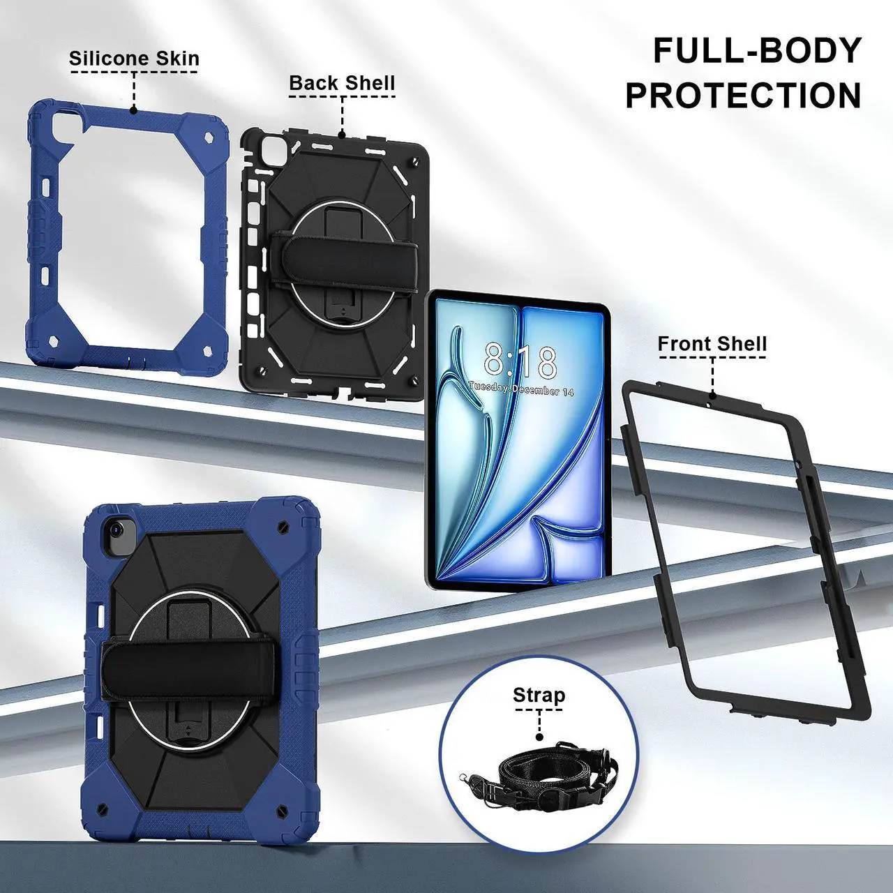 Case for iPad Air 13 Inch M3/M2 2025/2024 with Rotating Stand Pencil Holder Hand/Shoulder Strap, Heavy Duty Shockproof Protective Cover