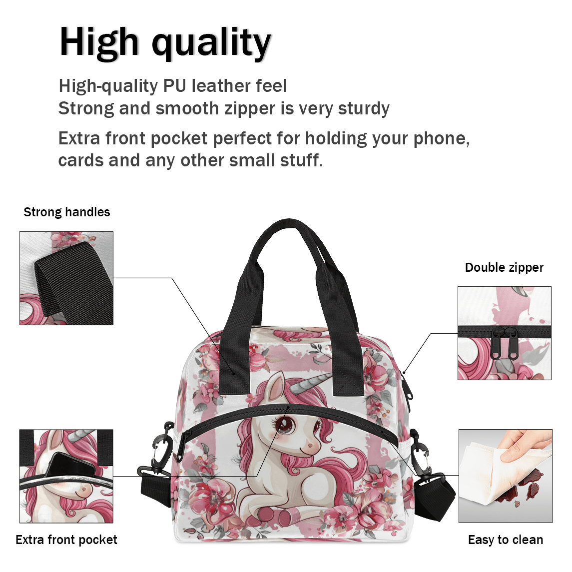Herdesigns Cute Unicorn Floral Insulated Lunch Bag for Women Men Adults Large Reusable Lunch Box Leakproof Portable Cooler Tote Bags with Adjustable Shoulder Strap