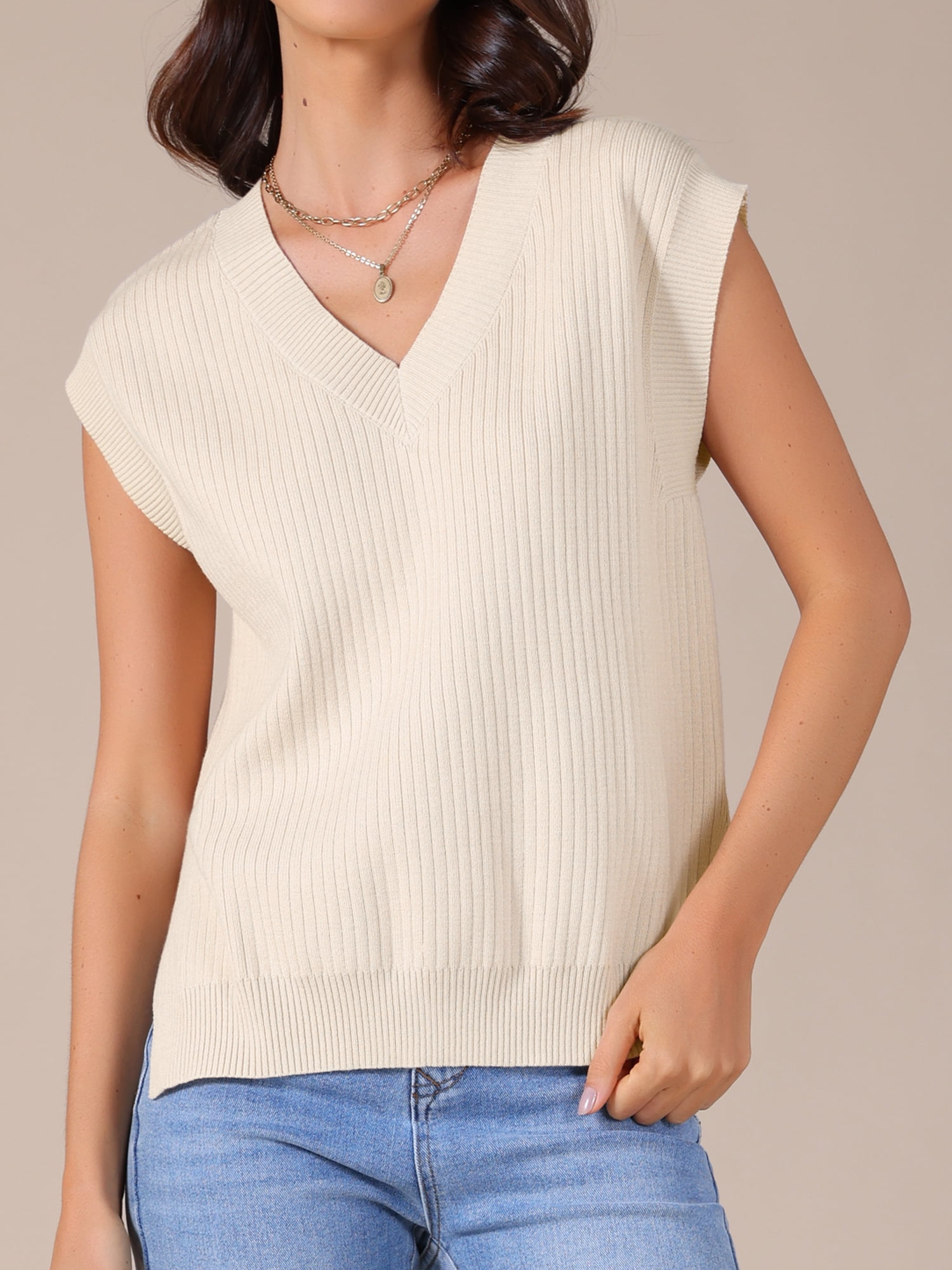 DARING DIVA Women's V Neck Ribbed Knit Sleeveless Pullover Sweater Vest L Apricot