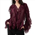 thumbnail image 1 of Blusa Informal Elegante para Mujer, de Larga, con Cuello en V y Volantes, Ideal para Oficina y Trabajo. Vino Tinto M, 1 of 10